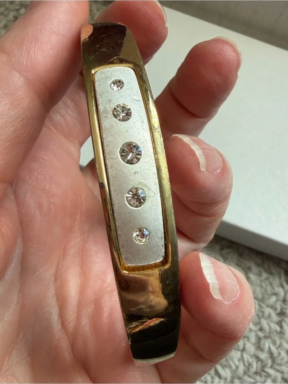 Vintage Two-Tone Hinged Bangle Bracelet with Rhinestones